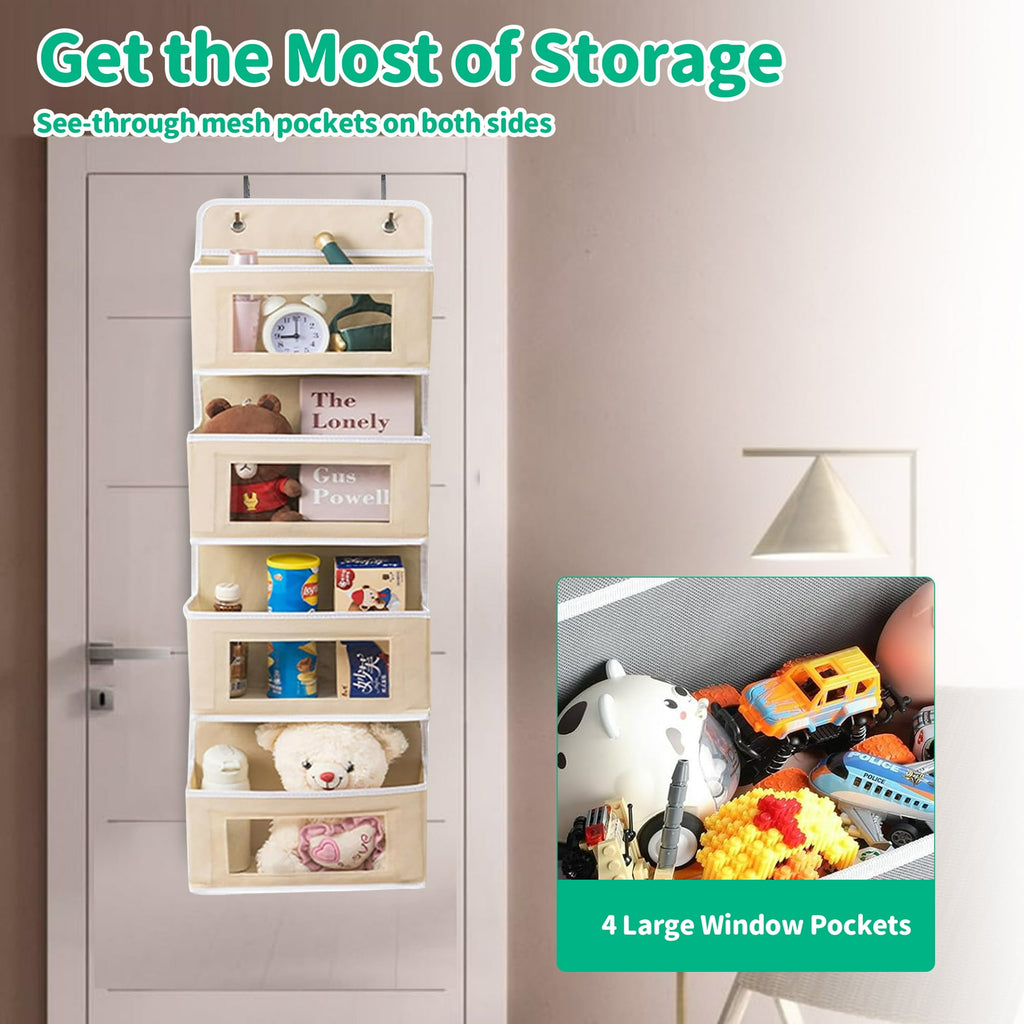 HioHa Over the Door Organizer, 4-Tier Hanging Closet Bathroom Storage with 6 Mesh Side Pockets, Wall Mount Toy Stuffed Animal Storage for Baby Essentials, Nursery, Bedroom, Bathroom, Dorm