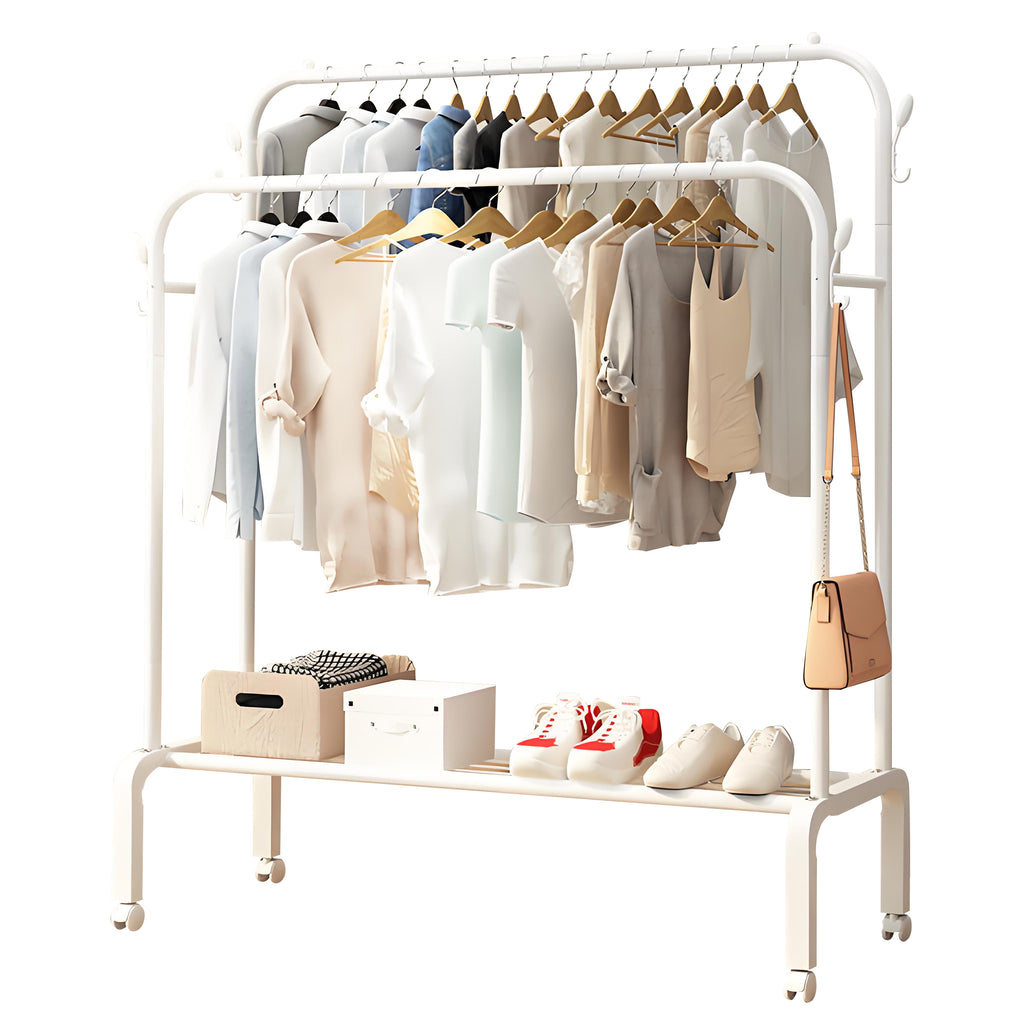HioHa Rolling Clothes Rack, Double Rail Clothing Drying Rack with 2-Tier Shelf, Heavy Duty Garment Rack with Wheels, White
