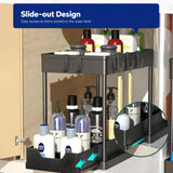 HioHa Under Sink Organizer, 2 Tier Under Sink Storage for Narrow Space, Pull Out Cabinet Organizer with 8 Hooks for Kitchen Bathroom, 2PCS