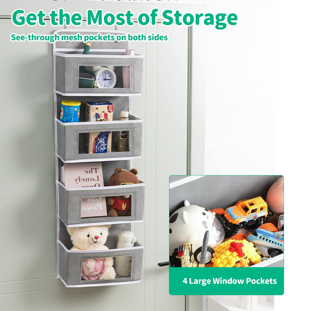 HioHa Over the Door Organizer, 4-Tier Hanging Closet Bathroom Storage with 6 Mesh Side Pockets, Wall Mount Toy Stuffed Animal Storage for Baby Essentials, Nursery,Bedroom, Bathroom, Dorm