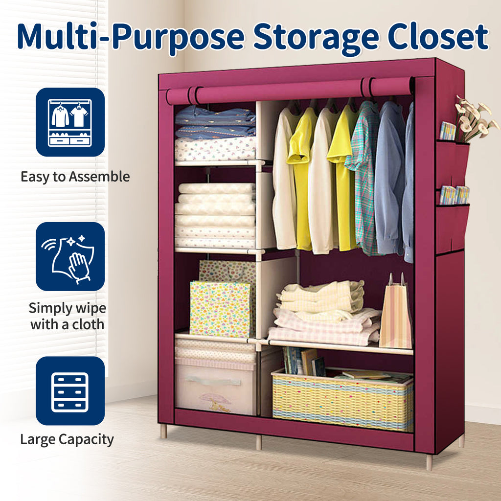 HioHa Portable Closet, Wardrobe Closet Storage with Thickened Steel Pipe, Clothes Storage Organizer with Waterproof Cover for Bedroom, 67x41x18 Inch(Burgundy)