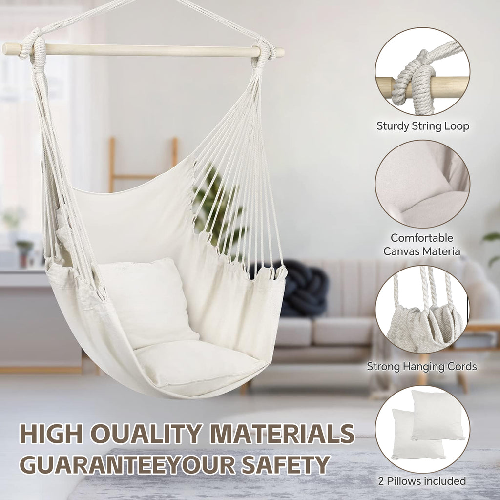 HioHa Hammock Chair, Hanging Rope Swing Max 264 lbs with Anti-Slip Grooves, Hanging Chair Relax Cotton Weave with 2 Cushions, for Indoor/Outdoor Home Yard Garden(White)