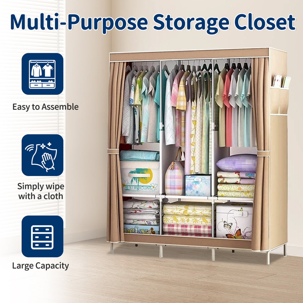 HioHa Wardrobe Closet, Portable Closet with Thickened Steel Pipe Steel Pipe, Clothes Storage Organizer with 3 Hanging Rods and 6 Storage Shelves and Side Pockets(Coffee)