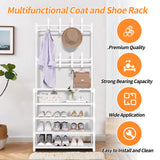 HioHa Coat and Shoe Rack, Hall Tree for Entryway with 4-Tier Storage Shelves,Storage Organizer with 8 Hooks for Bedroom, Hallway, Office, White
