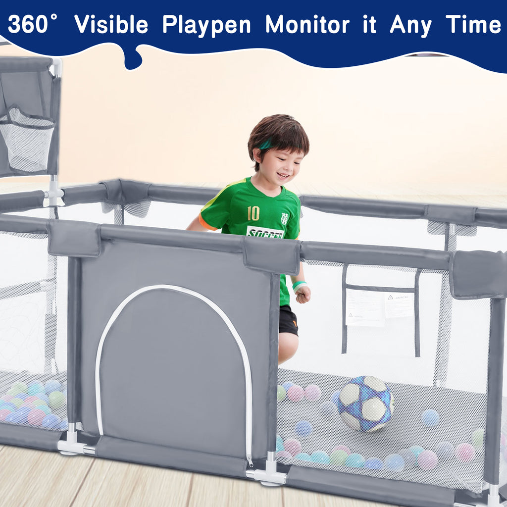 HioHa Large Baby Playpen, Big Playard with Basketball Hoop, Portable Play Yard Baby Fences with Storage Bag for Infant Toddler