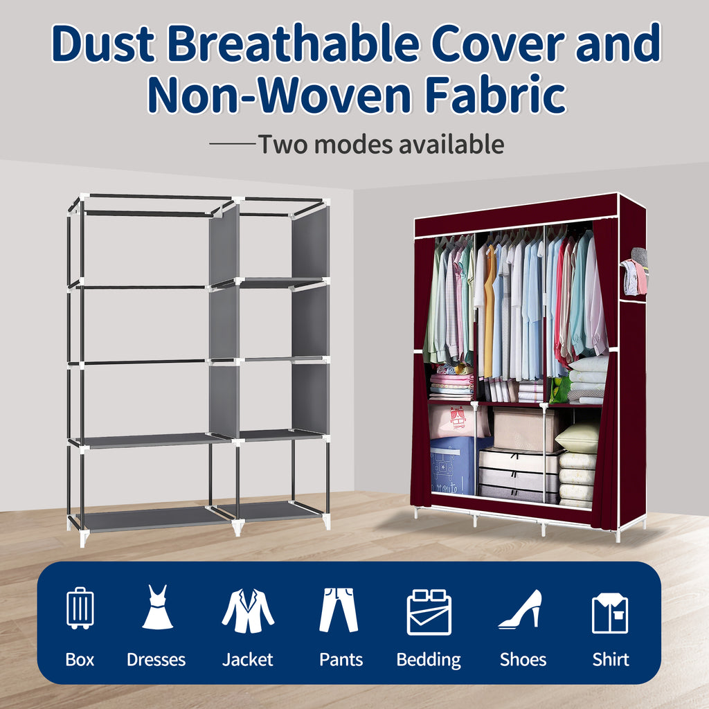 HioHa Wardrobe Closet, Portable Closet with Thickened Steel Pipe Steel Pipe, Clothes Storage Organizer with 3 Hanging Rods and 6 Storage Shelves and Side Pockets