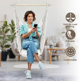 HioHa Hammock Chair, Hanging Rope Swing Max 264 lbs with Anti-Slip Grooves, Hanging Chair Relax Cotton Weave with 2 Cushions, for Indoor/Outdoor Home Yard Garden(White)