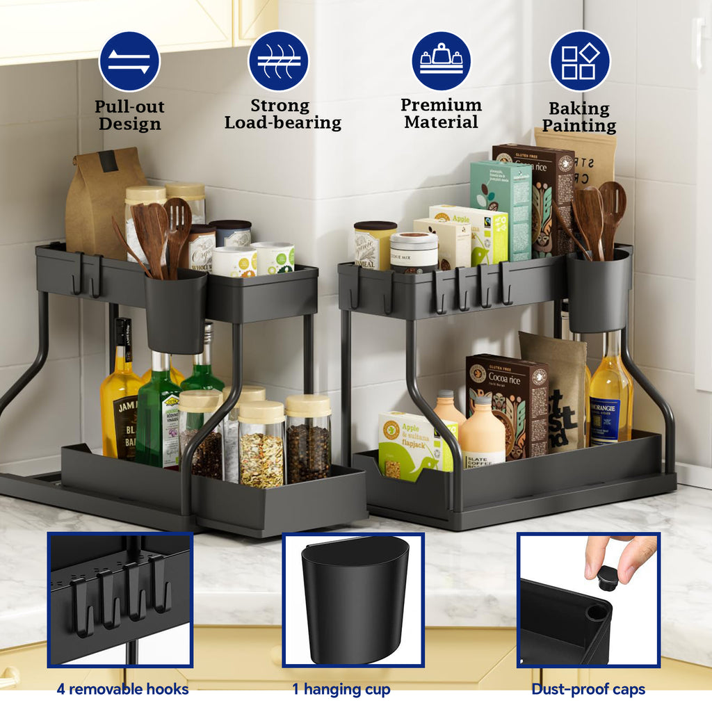 HioHa Under Sink Organizer, L-Shaped Pull Out Cabinet Organizer for Narrow Space, 2 Tier Drawer Organization and Storage Shelves for Kitchen Bathroom, 2PCS