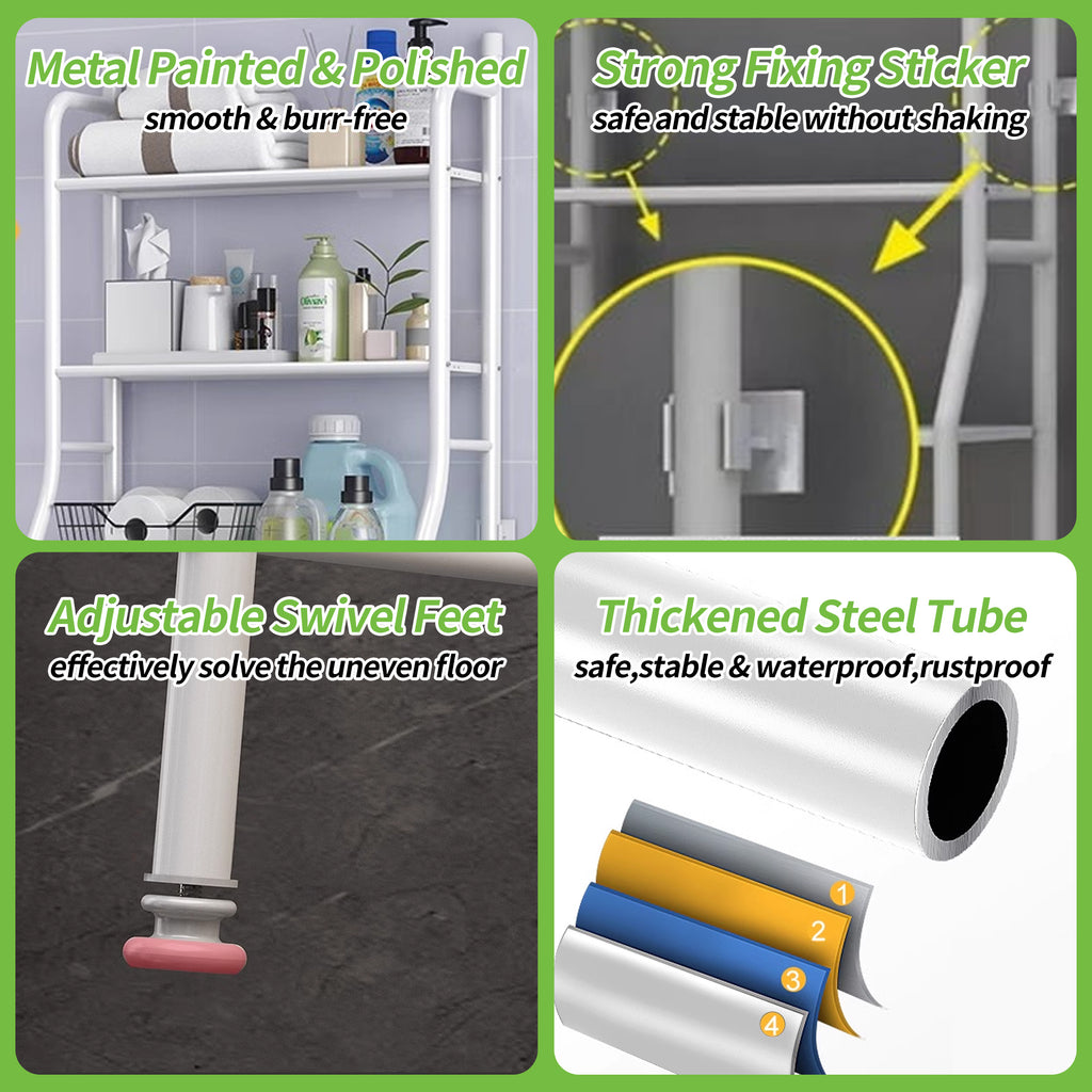HioHa Over the Toilet Storage, Bathroom Organizers and Storage Shelf with Paper Holder and 3 Hooks, Freestanding Toilet Rack Space Saver for Balcony, Restroom, Laundry(White)