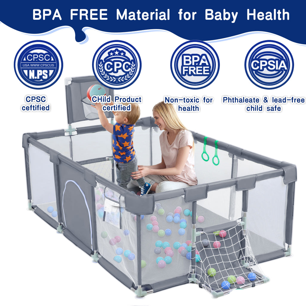 HioHa Large Baby Playpen, Big Playard with Basketball Hoop, Portable Play Yard Baby Fences with Storage Bag for Infant Toddler