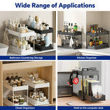 HioHa Under Sink Organizer, 2 Tier Under Sink Storage for Narrow Space, Pull Out Cabinet Organizer with 8 Hooks for Kitchen Bathroom, 2PCS
