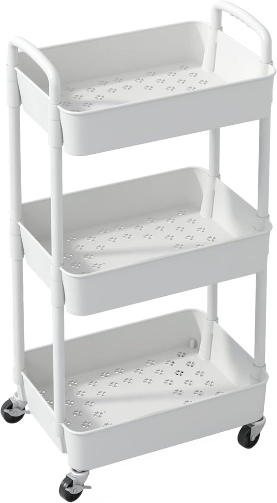 HioHa Rolling Utility Cart, 3-Tier Storage Cart Movably with Drawer & Metal Wheels, Multifunctional Storage Organizer Shelves with Handle for Kitchen Bathroom Living Room Office