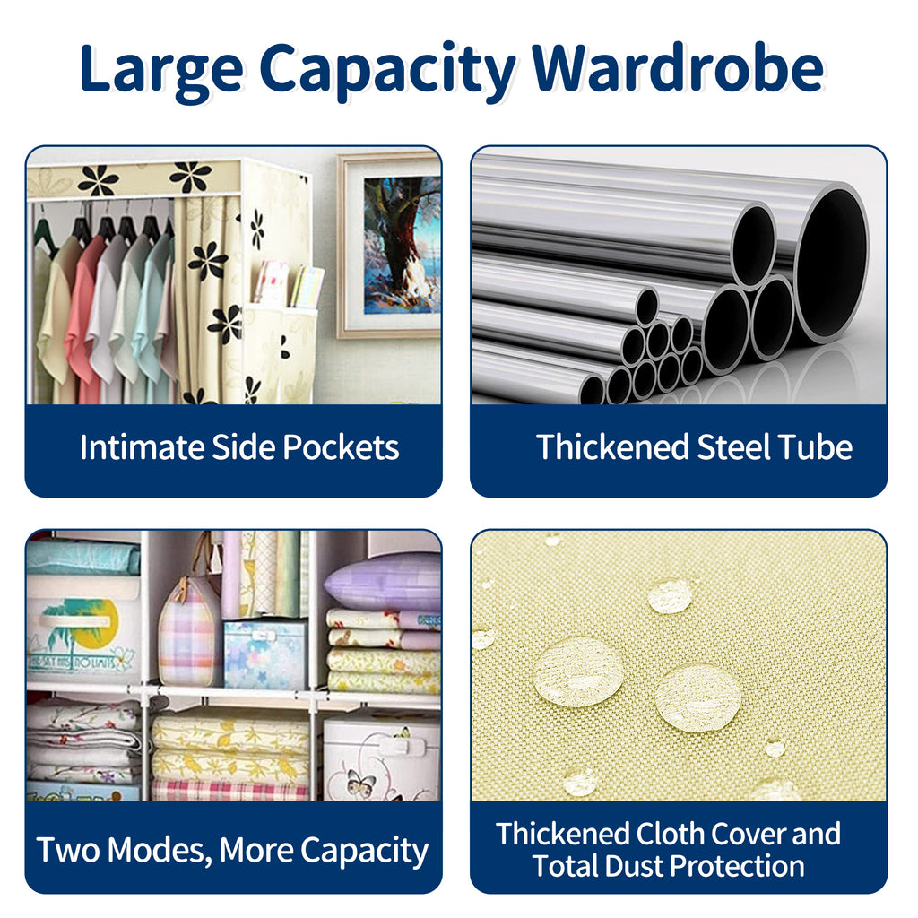 HioHa Wardrobe Closet, Portable Closet with Thickened Steel Pipe Steel Pipe, Clothes Storage Organizer with 3 Hanging Rods and 6 Storage Shelves and Side Pockets(Beige)