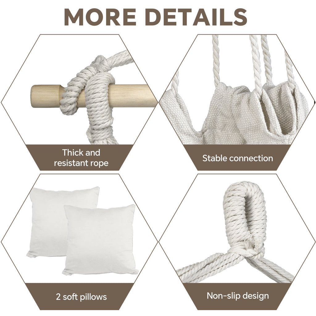 HioHa Hammock Chair, Hanging Rope Swing Max 264 lbs with Anti-Slip Grooves, Hanging Chair Relax Cotton Weave with 2 Cushions, for Indoor/Outdoor Home Yard Garden(White)