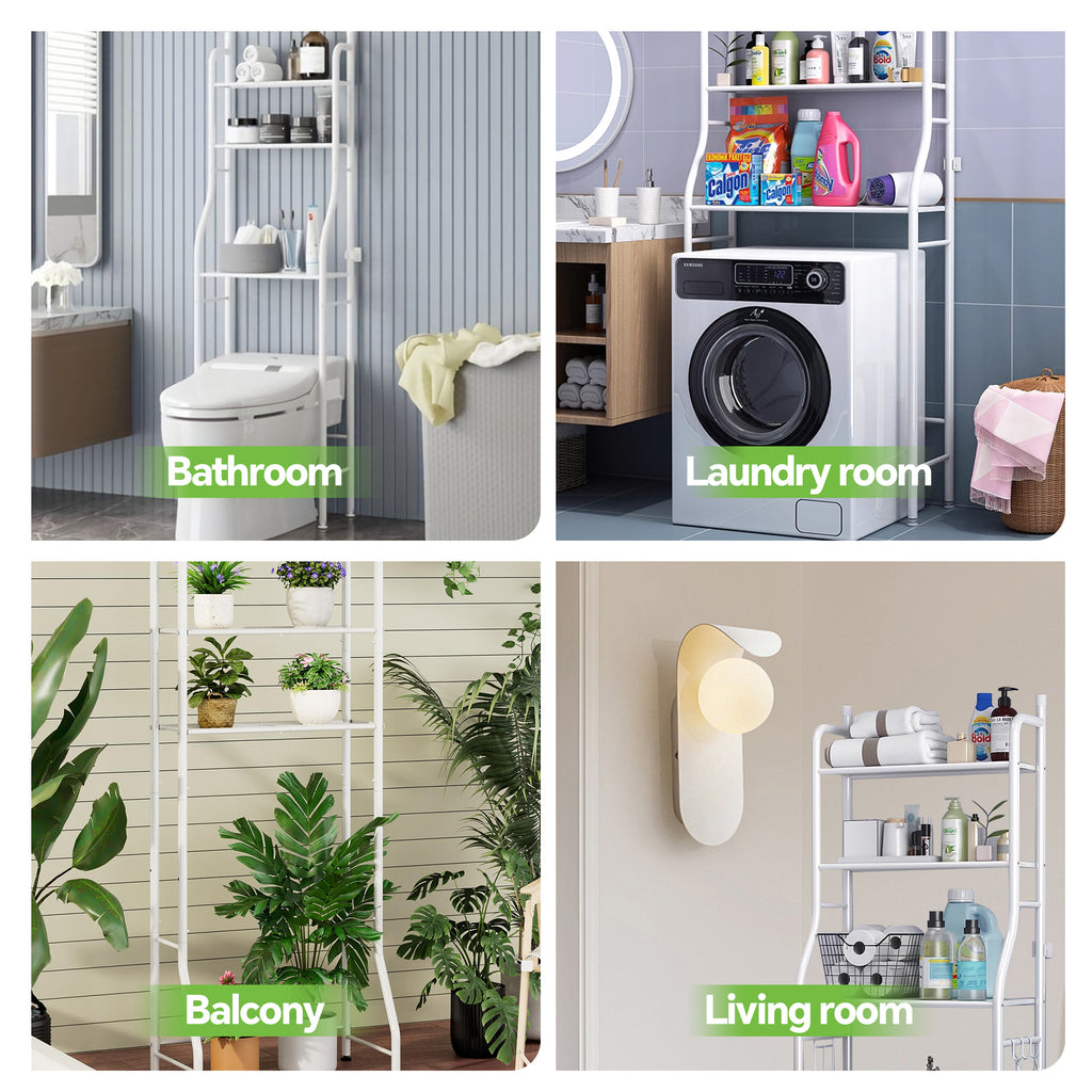 HioHa Over the Toilet Storage, Bathroom Organizers and Storage Shelf with Paper Holder and 3 Hooks, Freestanding Toilet Rack Space Saver for Balcony, Restroom, Laundry(White)