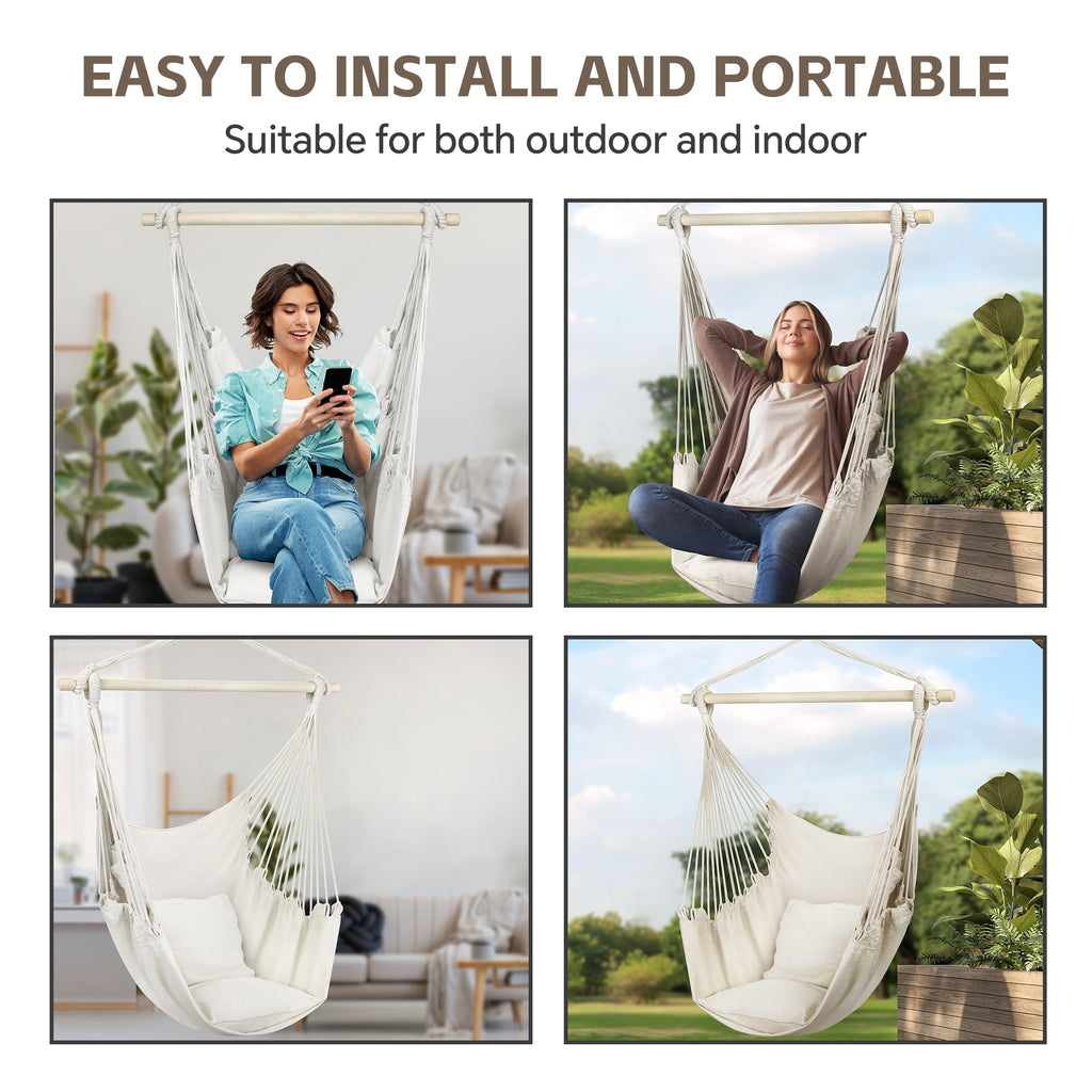 HioHa Hammock Chair, Hanging Rope Swing Max 264 lbs with Anti-Slip Grooves, Hanging Chair Relax Cotton Weave with 2 Cushions, for Indoor/Outdoor Home Yard Garden(White)