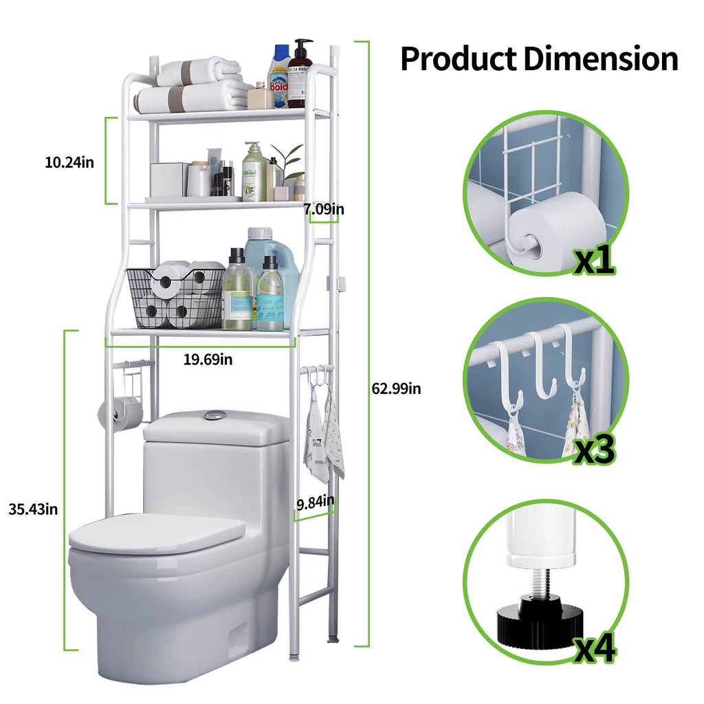 HioHa Over the Toilet Storage, Bathroom Organizers and Storage Shelf with Paper Holder and 3 Hooks, Freestanding Toilet Rack Space Saver for Balcony, Restroom, Laundry(White)
