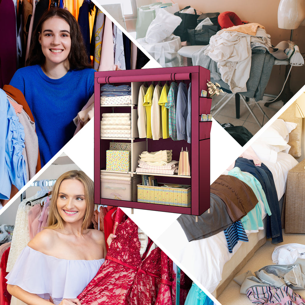 HioHa Portable Closet, Wardrobe Closet Storage with Thickened Steel Pipe, Clothes Storage Organizer with Waterproof Cover for Bedroom, 67x41x18 Inch(Burgundy)