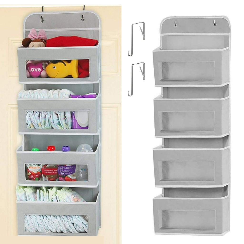 HioHa Over the Door Organizer, 4-Tier Hanging Closet Bathroom Storage with 6 Mesh Side Pockets, Wall Mount Toy Stuffed Animal Storage for Baby Essentials, Nursery,Bedroom, Bathroom, Dorm