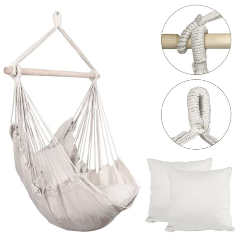 HioHa Hammock Chair, Hanging Rope Swing Max 264 lbs with Anti-Slip Grooves, Hanging Chair Relax Cotton Weave with 2 Cushions, for Indoor/Outdoor Home Yard Garden(White)