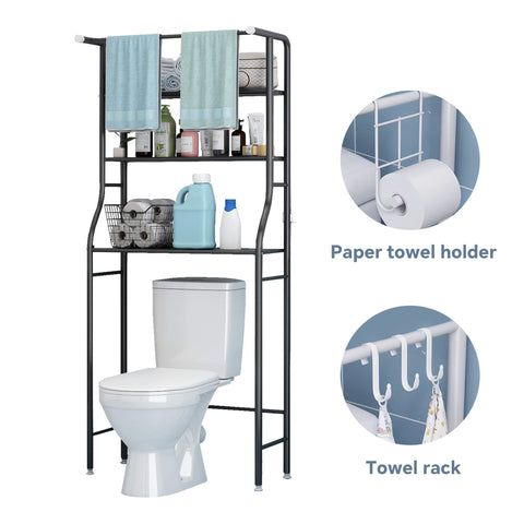 HioHa Over the Toilet Storage, Bathroom Organizers and Storage Shelf with Hanging Rod Paper Holder and 3 Hooks, Freestanding Toilet Rack Space Saver, Black