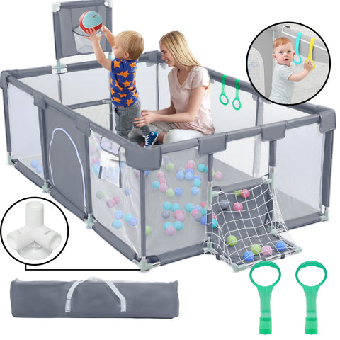 HioHa Large Baby Playpen, Big Playard with Basketball Hoop, Portable Play Yard Baby Fences with Storage Bag for Infant Toddler