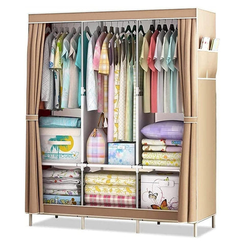 HioHa Wardrobe Closet, Portable Closet with Thickened Steel Pipe Steel Pipe, Clothes Storage Organizer with 3 Hanging Rods and 6 Storage Shelves and Side Pockets(Coffee)