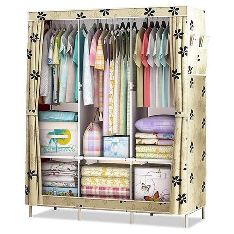 HioHa Wardrobe Closet, Portable Closet with Thickened Steel Pipe Steel Pipe, Clothes Storage Organizer with 3 Hanging Rods and 6 Storage Shelves and Side Pockets(Beige)
