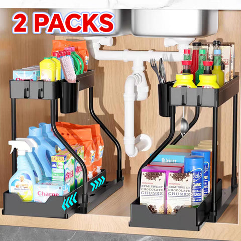 HioHa Under Sink Organizer, L-Shaped Pull Out Cabinet Organizer for Narrow Space, 2 Tier Drawer Organization and Storage Shelves for Kitchen Bathroom, 2PCS