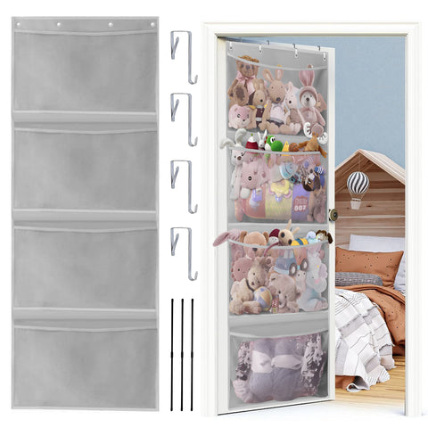 HioHa Stuffed Animal Storage, Over the Door Organizer for Baby Ideas Hammock Corner, Toy Hanging Storage Bag with 4 Large Visible Mesh Pockets for Nursery, Bedroom, Playroom