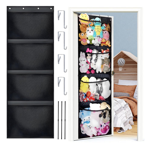 HioHa Stuffed Animal Storage, Over the Door Organizer for Baby Ideas Hammock Corner, Toy Hanging Storage Bag with 4 Large Visible Mesh Pockets for Nursery，Bedroom, Playroom