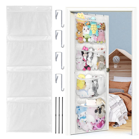 HioHa Stuffed Animal Storage, Over the Door Organizer for Baby Ideas Hammock Corner, Toy Hanging Storage Bag with 4 Large Visible Mesh Pockets for Nursery，Bedroom, Playroom