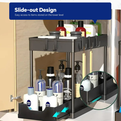 HioHa Under Sink Organizer, 2 Tier Under Sink Storage for Narrow Space, Pull Out Cabinet Organizer with 8 Hooks for Kitchen Bathroom, 2PCS