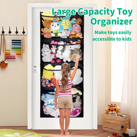 HioHa Stuffed Animal Storage, Over the Door Organizer for Baby Ideas Hammock Corner, Toy Hanging Storage Bag with 4 Large Visible Mesh Pockets for Nursery，Bedroom, Playroom