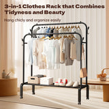 HioHa Rolling Clothes Rack, Double Rail Clothing Drying Rack with 2-Tier Shelf, Heavy Duty Garment Rack with Wheels, Black