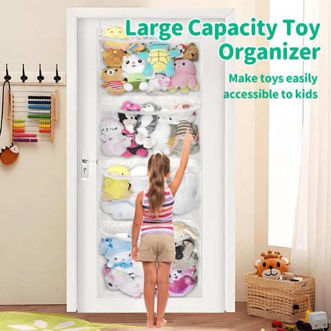 HioHa Stuffed Animal Storage, Over the Door Organizer for Baby Ideas Hammock Corner, Toy Hanging Storage Bag with 4 Large Visible Mesh Pockets for Nursery，Bedroom, Playroom