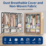 HioHa Wardrobe Closet, Portable Closet with Thickened Steel Pipe Steel Pipe, Clothes Storage Organizer with 3 Hanging Rods and 6 Storage Shelves and Side Pockets(Coffee)