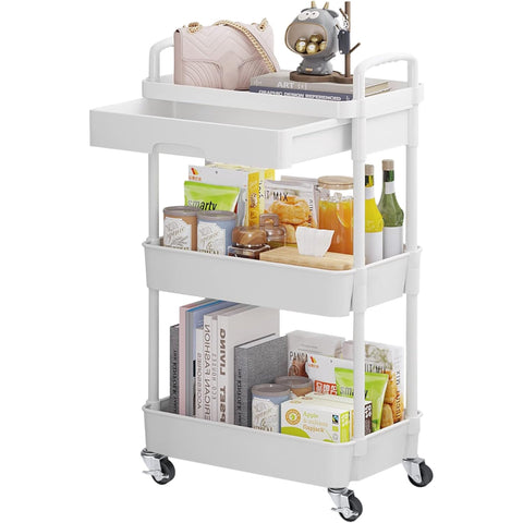 HioHa Rolling Utility Cart, 3-Tier Storage Cart Movably with Drawer & Metal Wheels, Multifunctional Storage Organizer Shelves with Handle for Kitchen Bathroom Living Room Office