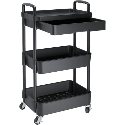 HioHa Rolling Utility Cart, 3-Tier Storage Cart Movably with Drawer & Metal Wheels, Multifunctional Storage Organizer Shelves with Handle for Kitchen Bathroom Living Room Office