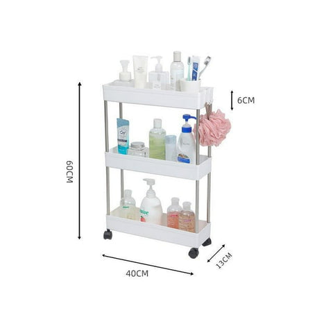 HioHa Slim Storage Cart, 3-Tier Bathroom Organizers and Storage Movably with Wheels & Hooks, Rolling Utility Cart for Kitchen Bathroom Living Room Office