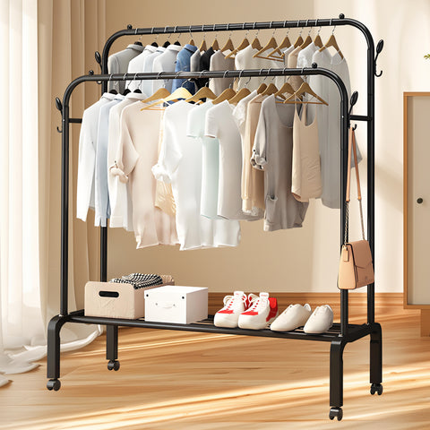 HioHa Rolling Clothes Rack, Double Rail Clothing Drying Rack with 2-Tier Shelf, Heavy Duty Garment Rack with Wheels, Black