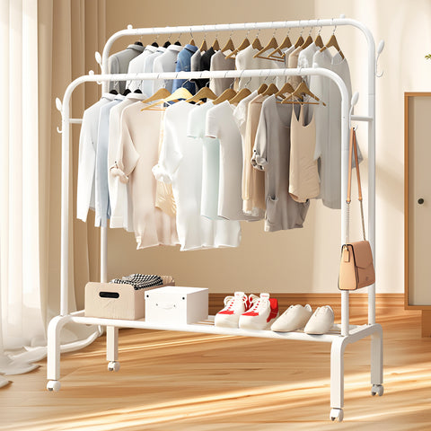 HioHa Rolling Clothes Rack, Double Rail Clothing Drying Rack with 2-Tier Shelf, Heavy Duty Garment Rack with Wheels, White