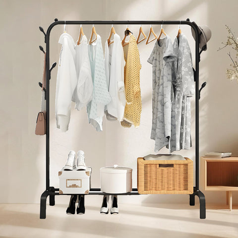 HioHa Clothes Rack, Clothing Drying Rack with Bottom Storage Shelf, Heavy Duty Garment Rail with Coat/Hat Hanging Hooks, Black